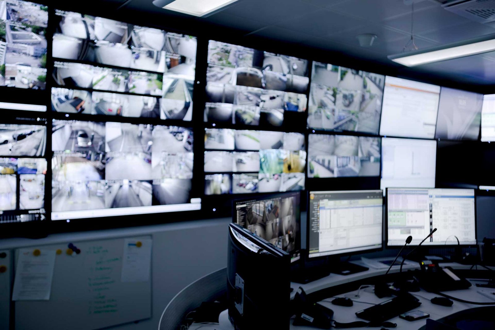 Valvomon työpiste ja suuri näyttöseinä